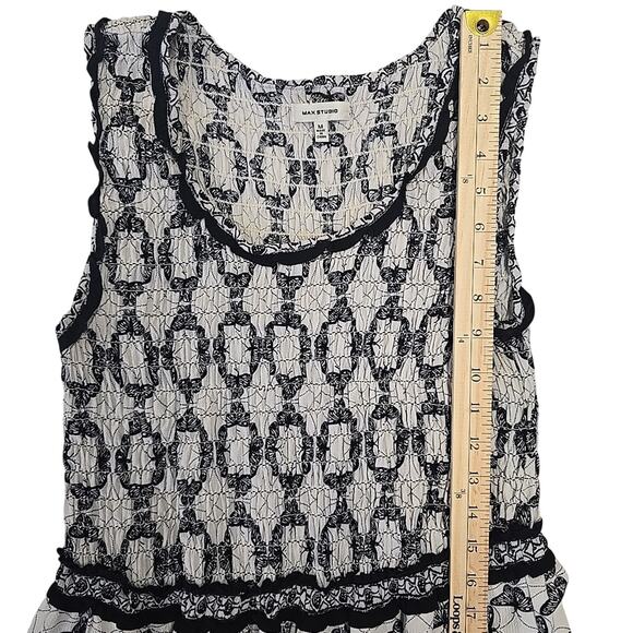 Max Studio Womens Smocked Maxi Dress M Geometric Butterfly Black Ivory Boho - Picture 10 of 12